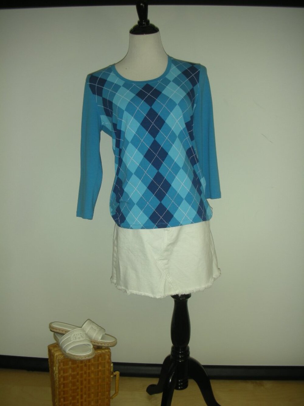 Talbots NWT Blue Argyle Long Sleeve Tee Small Stretch Cotton Preppy Classic Golf